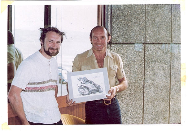 John presenting a set of four original drawings to Mike Hailwood at the 1978 TT races.